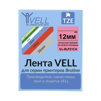 Атласная лента Vell VL-RLP31CH (с чипом, 12 мм, черный на нежно-розовом) для Puty PT-100E/100ECH, Brother