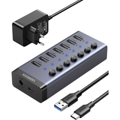 Разветвитель USB UGREEN CM481 (90307) USB-C to 7-Port USB-A 3.0/DC 12V/черн