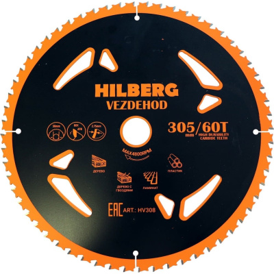 HILBERG Диск пильный Vezdehod 305*30*60Т*7º HV308Высококачественные твердосплавные напайки, с улучшенными углами заточки