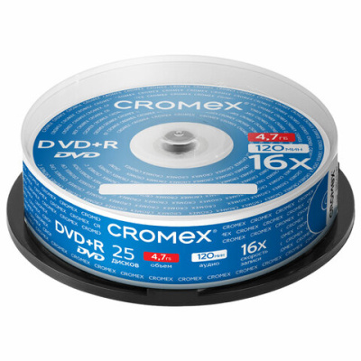 Диск DVD+R (плюс) CROMEX (КРОМЕКС), 4,7 Gb, 16x, Cake Box (упаковка на шпиле), КОМПЛЕКТ 25 шт., 513777