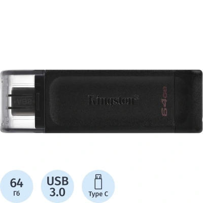 Флеш-диск 64 GB KINGSTON DataTraveler 70, разъем Type-C 3.2, черный, DT70/64GB
