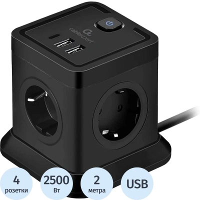 Сетевой фильтр CABLEXPERT Tower, 4 розетки, 10 А, 1 x Type-C PD, 20 Вт, 2 х USB, 2 м, черный, TWR-4-CU2-B-2