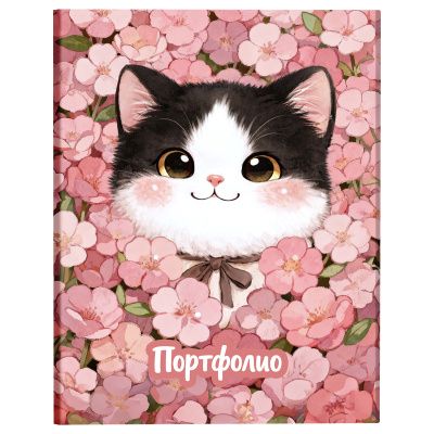 Папка-портфолио 7БЦ А4 BG, на 4 кольцах, для школьницы "Котёнок в цветах", 20 файлов