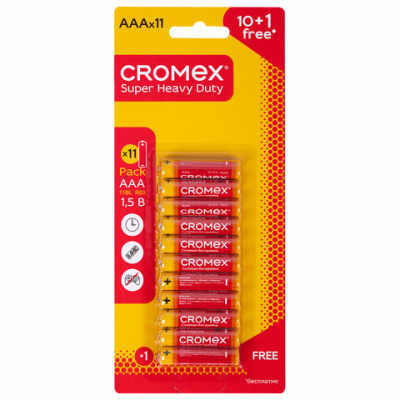 Батарейки солевые "мизинчиковые" КОМПЛЕКТ 10+1 шт., CROMEX (КРОМЕКС) Super Heavy Duty, AAA (R03, 24A), блистер, 456257
