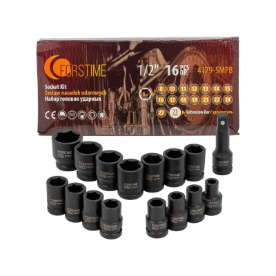 Набор FORSTIME из 16 торцевых 6-гранных ударных головок 1/2" в кейсе.Качество