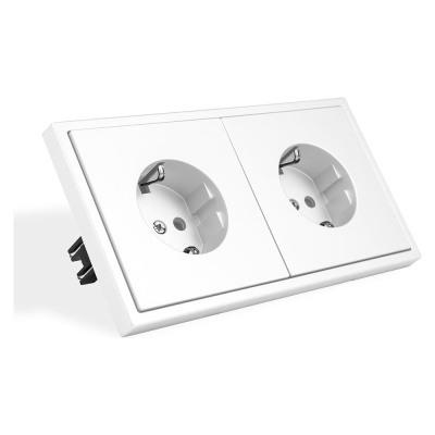 Розетка белая, электрическая, 2 поста, с тонкой пластиковой рамкой Grand {V702105} Vell