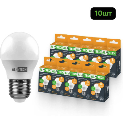 Лампочка светодиодная ALTECH LED G45-8W-830-Е27 теплый белый свет 10шт