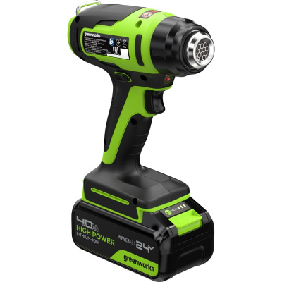 Строительный фен GreenWorks G24HG, 24V, 550С, 200 л/мин, 1x4Ач, ЗУ, коробка