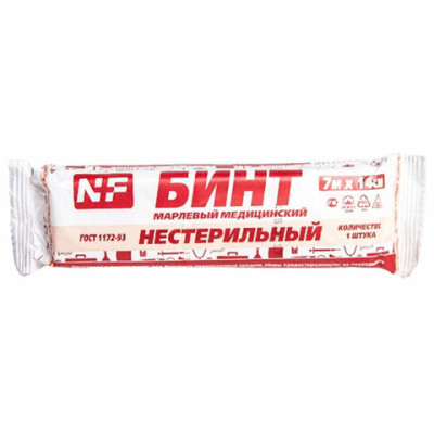 Бинт марлевый нестерильный 14 см х 7 м, плотность 32 (±2) г/м2, индивидуальная упаковка, NF