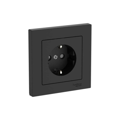 Розетка Systeme Electric ATLASDESIGN с заземлением со шторками, 16А, в сборе, быстрозажим. клем., карбон