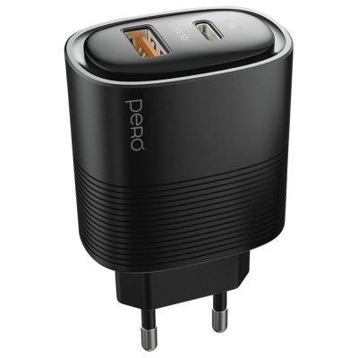 Сетевое зарядное устройство PERO TC11 USB-A QC3.0 + USB-C PD, 45W черный ТС11BL