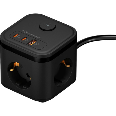 Удлинитель сетевой (куб) с usb type-C, 16А 2 метра, 3 розетки, с выключателем, с заземлением, ФОТОН, черный