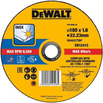 Диск отрезной Dewalt DT43908, по металлу, 180х22.23х1.6 мм