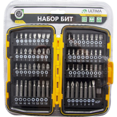 Набор бит, магнитный адаптер ULTIMA CrV, в пластиковом боксе 64шт