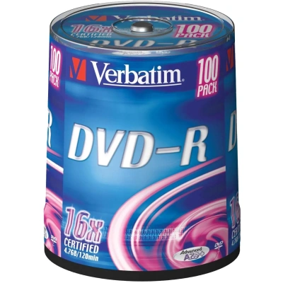 Носители информации DVD-R, 16x, Verbatim Azo Matt Silver, Cake/100, 43549