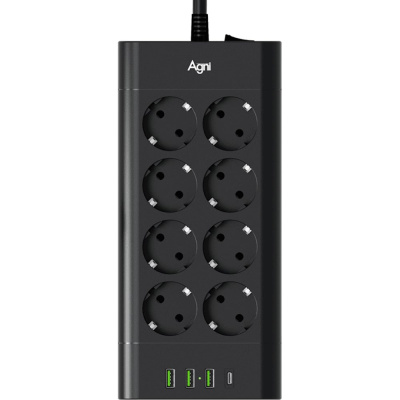 Сетевой фильтр AGNI плоский, 8 розеток, кабель 2м, 3USB, 1TYPE-C 20W, черный FA TP-FA4U8E-C-2m-black