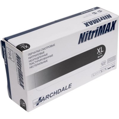 Перчатки смотровые неопудренные ARCHDALE NitriMax нитриловые, черные, 4г, 50 пар, р.XL B784XL