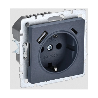 1-местная розетка IEK Brite с заземлением с защитными шторками 16а с usb a+c 18вт рюш11-1-брм маренго