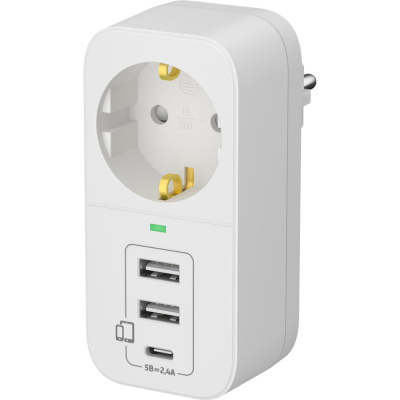 Адаптер сетевой, разветвитель тройник с USB-A + USB-C, 16А с заземлением, ФОТОН, белый