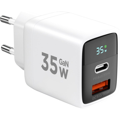 Зарядное устройство сетевое (220В) CABLEXPERT, дисплей, 35 Вт GaN, QC4/PD3, 1хUSB, 1хType-C, MP3A-PC-52