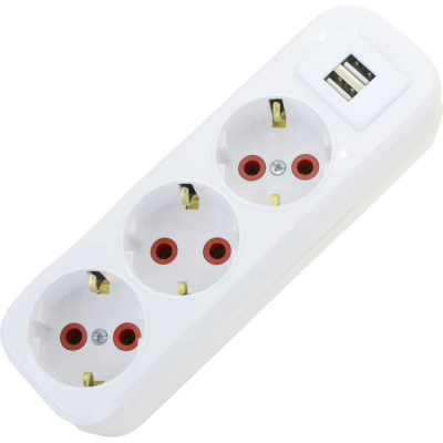 Колодка AY-KA 3-местная,с заземлением, с USB, белый