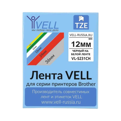 Лента Vell VL-S231CH (с чипом, 12 мм, черный на белом) для Puty