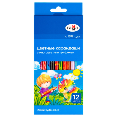 Карандаши с многоцветным грифелем "Юный художник", 12цв., рисунок на корпусе, заточен., картон. упак., европодвес