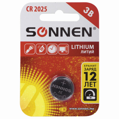 Батарейка литиевая SONNEN Lithium CR2025 "таблетка, дисковая, кнопочная" 1 шт., блистер, 451973