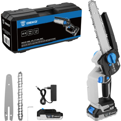 Пила цепная аккумуляторная бесщеточная DEKO DKCHS 20V, 6, 20 В, 2×2,0 А·ч, 2 шины и 2 цепи, в кейсе 081-2027