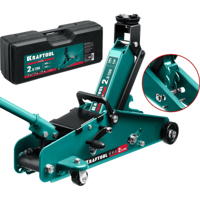 Подкатной домкрат с увеличенным подъемом и фиксатором KRAFTOOL S-PIN 2.5т, 140-385 мм, в кейсе