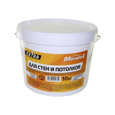 Водоэмульсионная краска Movatex EXTRA для стен и потолков, 10 кг Т11873 Т11867 наносится на деревянные, кирпичные
