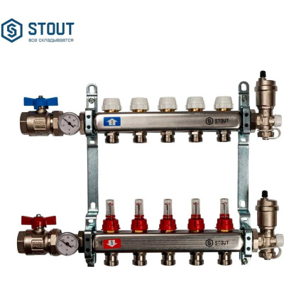 Коллектор STOUT нержавеющая сталь, в сборе, с расходомерами SMS 0907