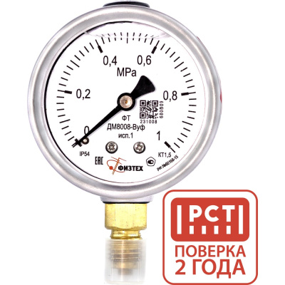 Манометр виброустойчивый Физтех ДМ8008-ВУф исп 1 0-1 МПа кт.1,5 d.63 IP54 M12x1,5 РШ, Силикон