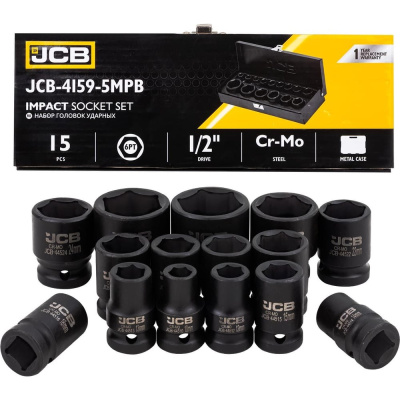 Головки ударные, набор 15 предметов JCB 1/2", 6граней