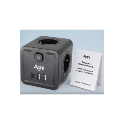 Тройник для розетки AGNI 4 розетки 220 + 2 USB + 1 Type C, черный TP-WJ3U4E-C-black