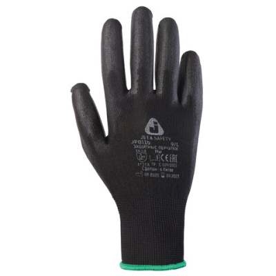 Перчатки нейлоновые JETA SAFETY, полиуретановое покрытие, КОМПЛЕКТ 12 пар, размер 8, M (средний), черные, JP011b, JP011b-M