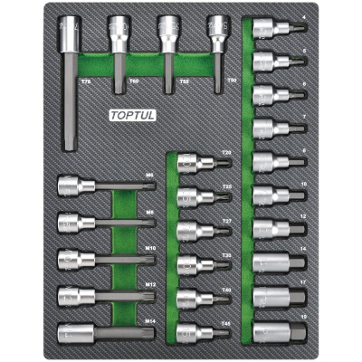 Набор головок торцевых с насадками Hex, Torx, Spline, 25 предметов, 1/2"DR, в мягком ложементе TOPTUL