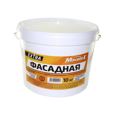 Водоэмульсионная краска Movatex EXTRA фасадная, 10 кг Т11935 наносится на деревянные, кирпичные, бетонные