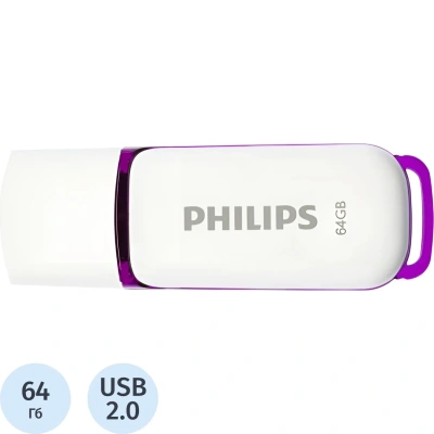 Флеш-диск 64 GB PHILIPS SNOW, разъем USB 2.0, фиолетовый, FM64FD70B/97