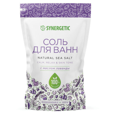Соль для ванн 1 кг, SYNERGETIC "Детокс и расслабление", морская с лавандой, натуральная, 300014