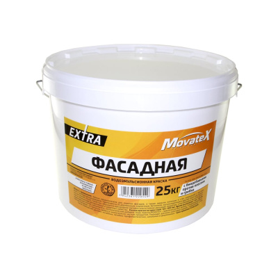 Водоэмульсионная краска Movatex EXTRA фасадная, 25 кг Т33757 наносится на деревянные, кирпичные, бетонные