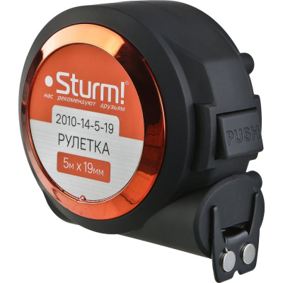Рулетка с автостопом Sturm 5x19мм, soft touch, 2x сторонняя шкала, магнит