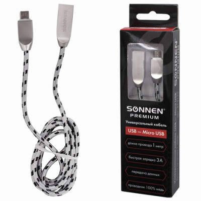 Кабель USB 2.0 – micro USB, 1 м, SONNEN Premium, медь, передача данных и быстрая зарядка, 513125