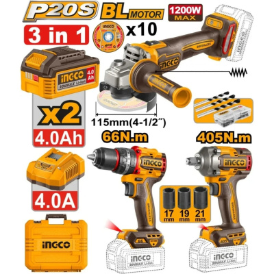 Набор аккумул. инструмента INGCO P20S(20В): Дрель-шуруповерт - УШМ - Гайковерт