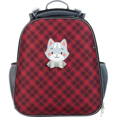 Ранец Комус Класс Basic Котик, клетка красный, 2 отд, эргоном спинка