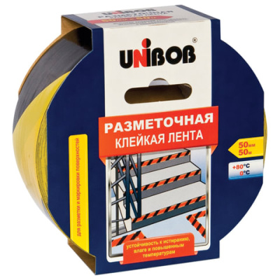 Клейкая лента разметочная Unibob, 50мм*50м, желто-черная, инд. упаковка