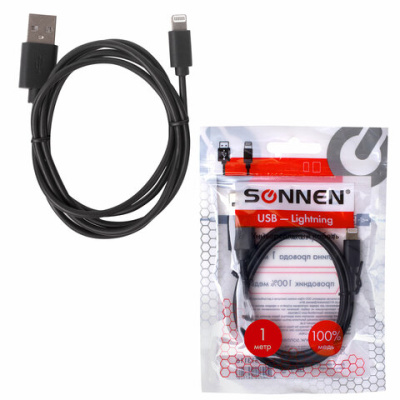 Кабель USB 2.0 – Lightning, 1 м, SONNEN, медь, для передачи данных и зарядки, черный, 513116