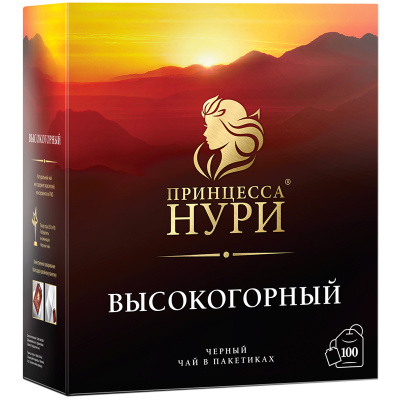 Чай ПРИНЦЕССА НУРИ "Высокогорный" черный, 100 пакетиков по 2 г, 0201-18-А6