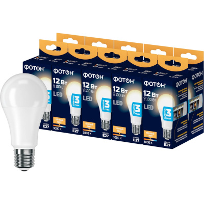 Лампа светодиодная ФОТОН LED A60 12W E27 3000K_M набор 10 шт.