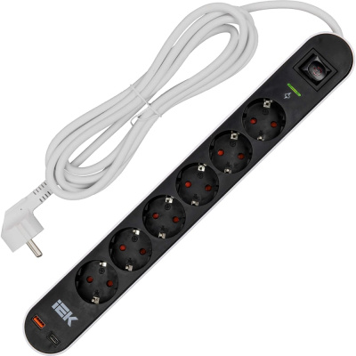 Фильтр сетевой IEK СФ-06К 16А USB A+C 20Вт 3м 3х1,5мм2 черный